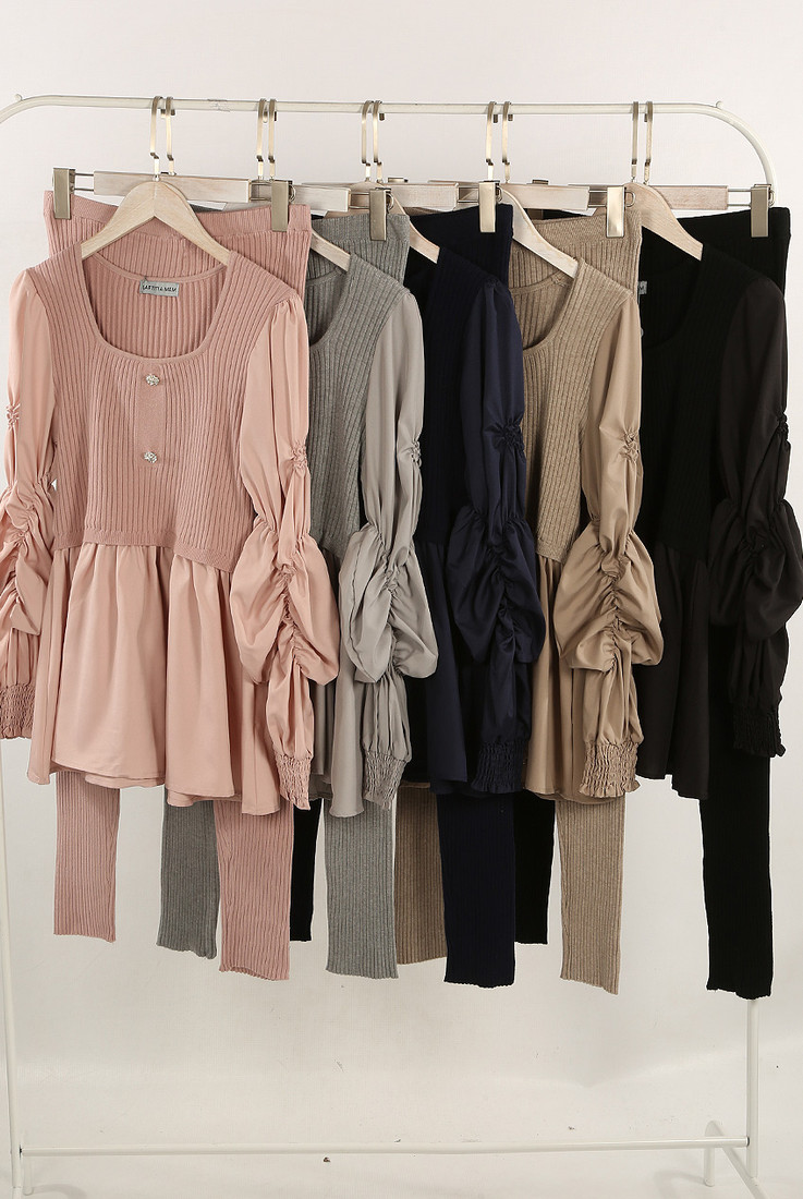 Ruched Sleeve Fine Knit Peplum Top & Trouser Set