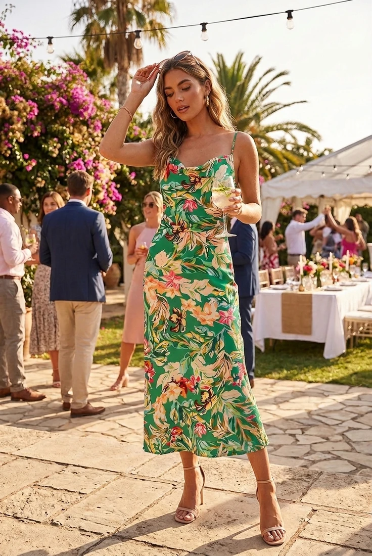 Floral Satin Cowl Neck Midi Dress
