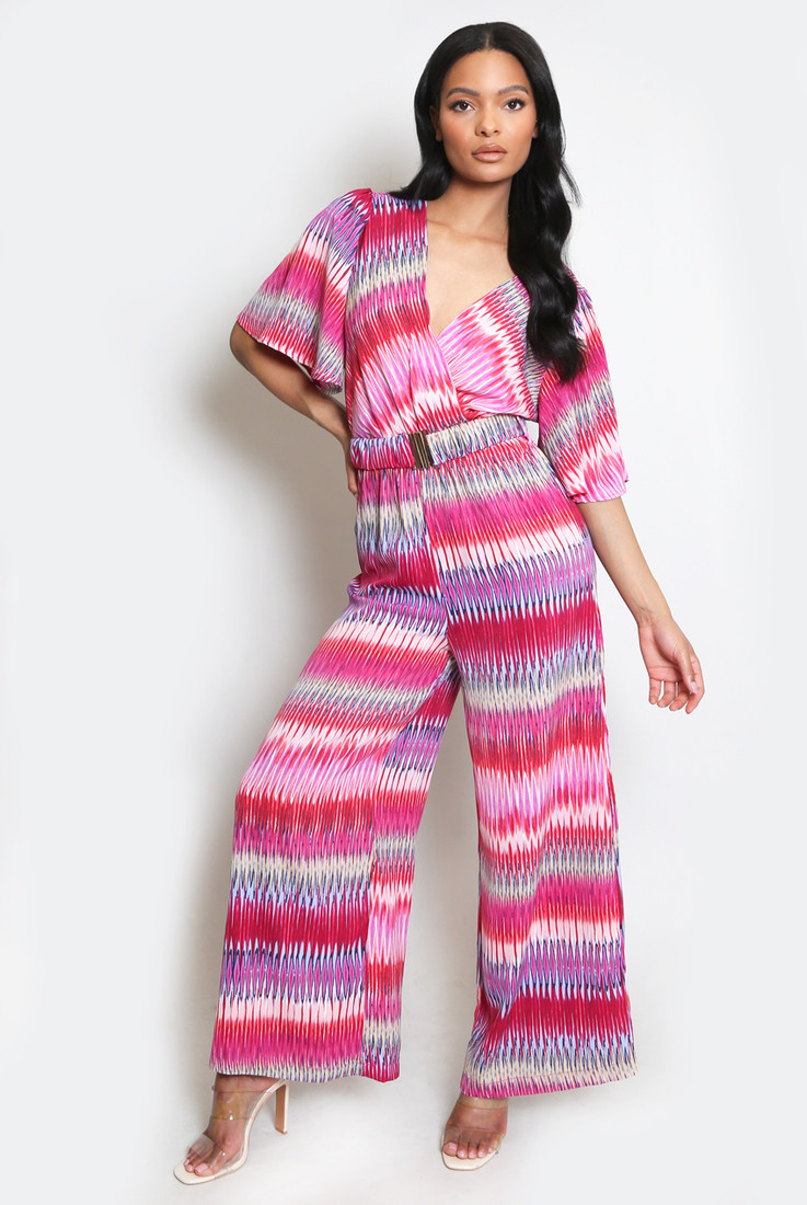 Belted Printed Wide Leg Jumpsuit