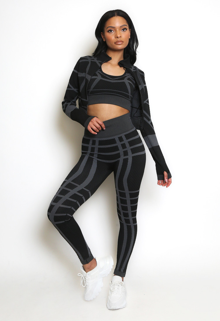 ‘Madison’ Black Three Piece Cut Out Gym Top and Push Up Legging Set