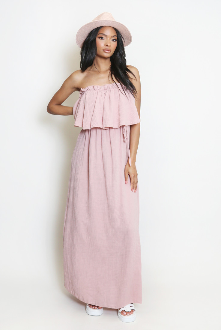 Cheesecloth Frilled Bandeau Maxi Dress