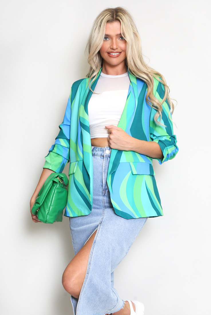 Retro Print Ruched Sleeve Open Blazer