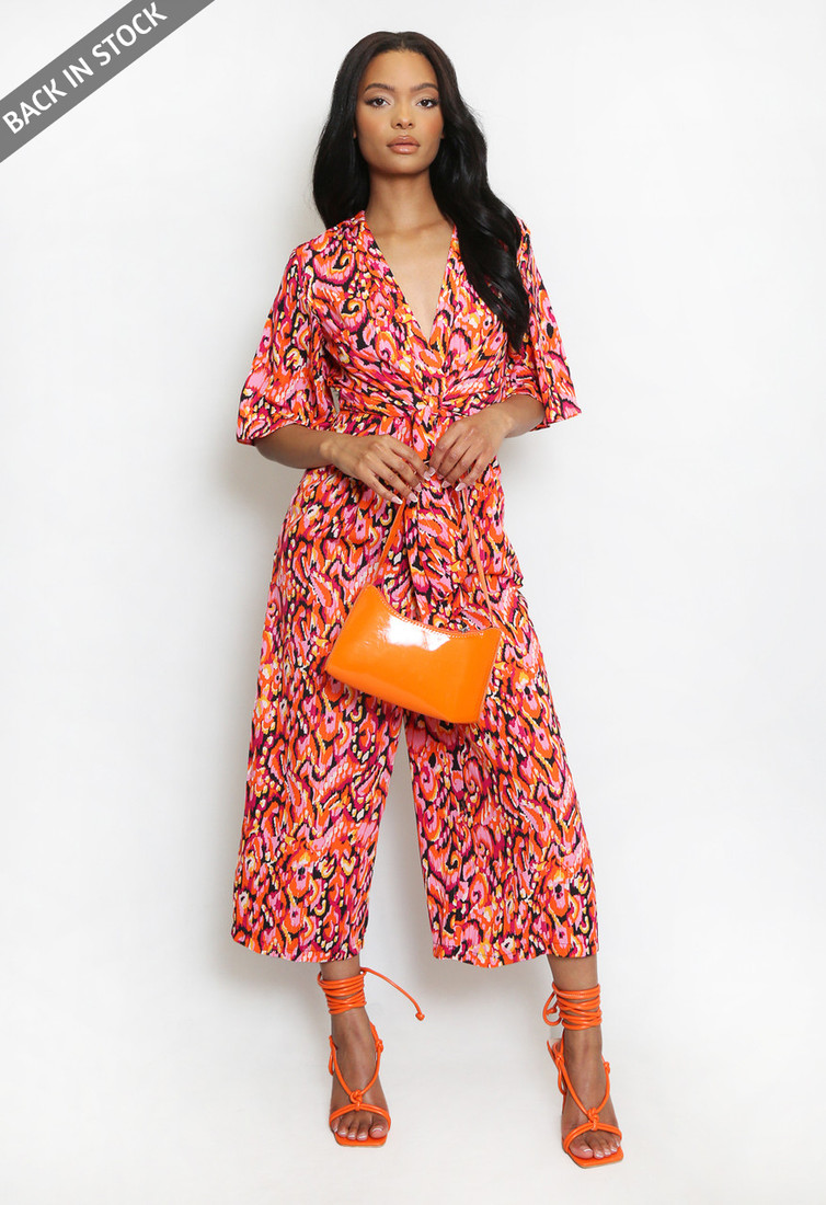 Orange Printed Tie Front Wide Leg Jumpsuit