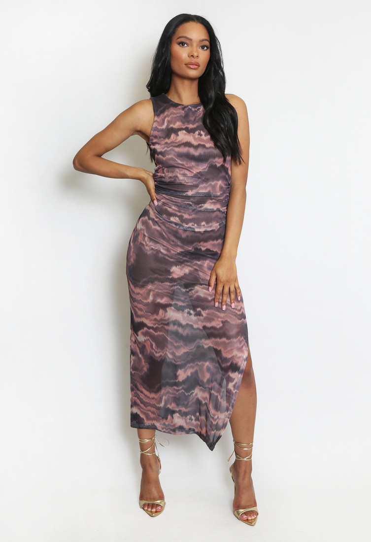 Ruched Tie Dye Print Side Slit Maxi Dress