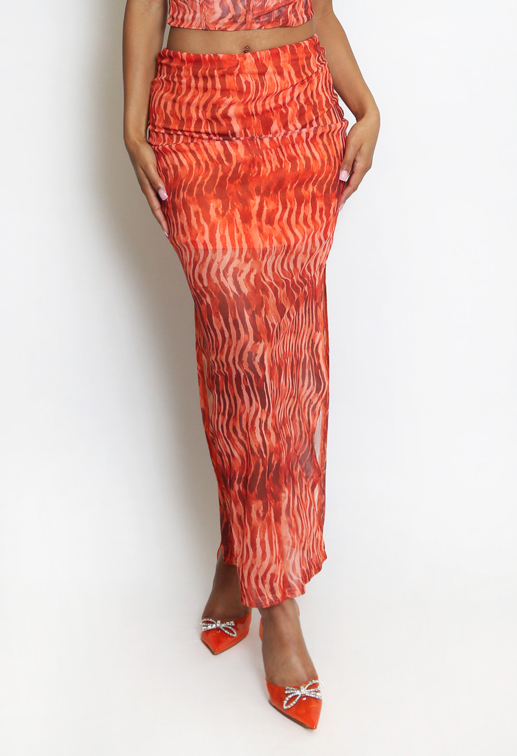 Mesh Side Slit Lined Maxi Skirt