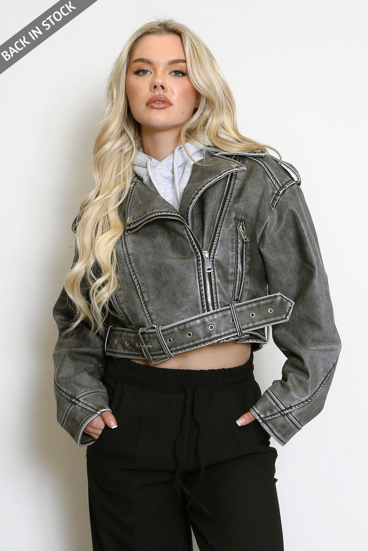 Faux Leather Washed Cropped Biker Jacket