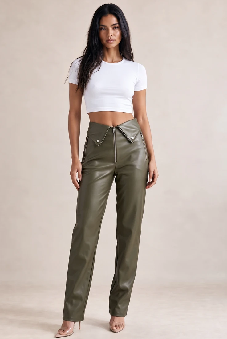 Fold Over PU Wide Leg Trouser