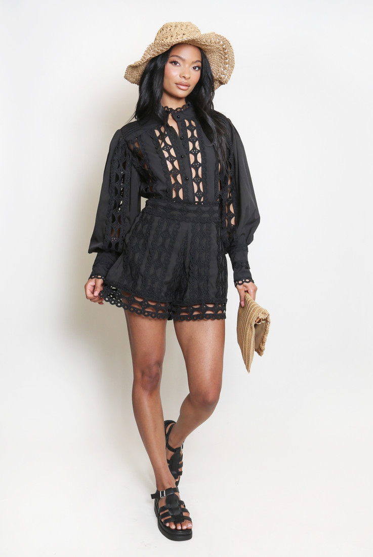 Crochet Button Up Blouse And Shorts Co-Ords