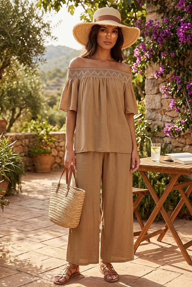 Zig Zag Stitch Bardot Top And Wide Leg Trouser Set