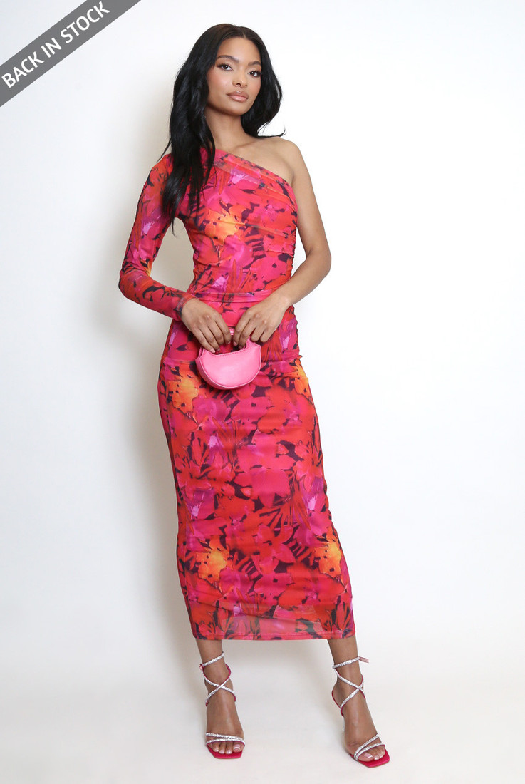 Flower Print One Shoulder Maxi Dress