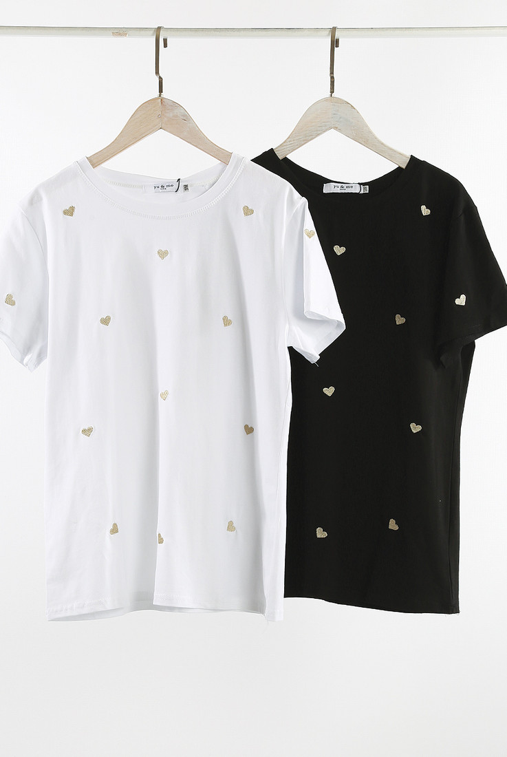 Heart Embroidered Round Neck T-Shirt
