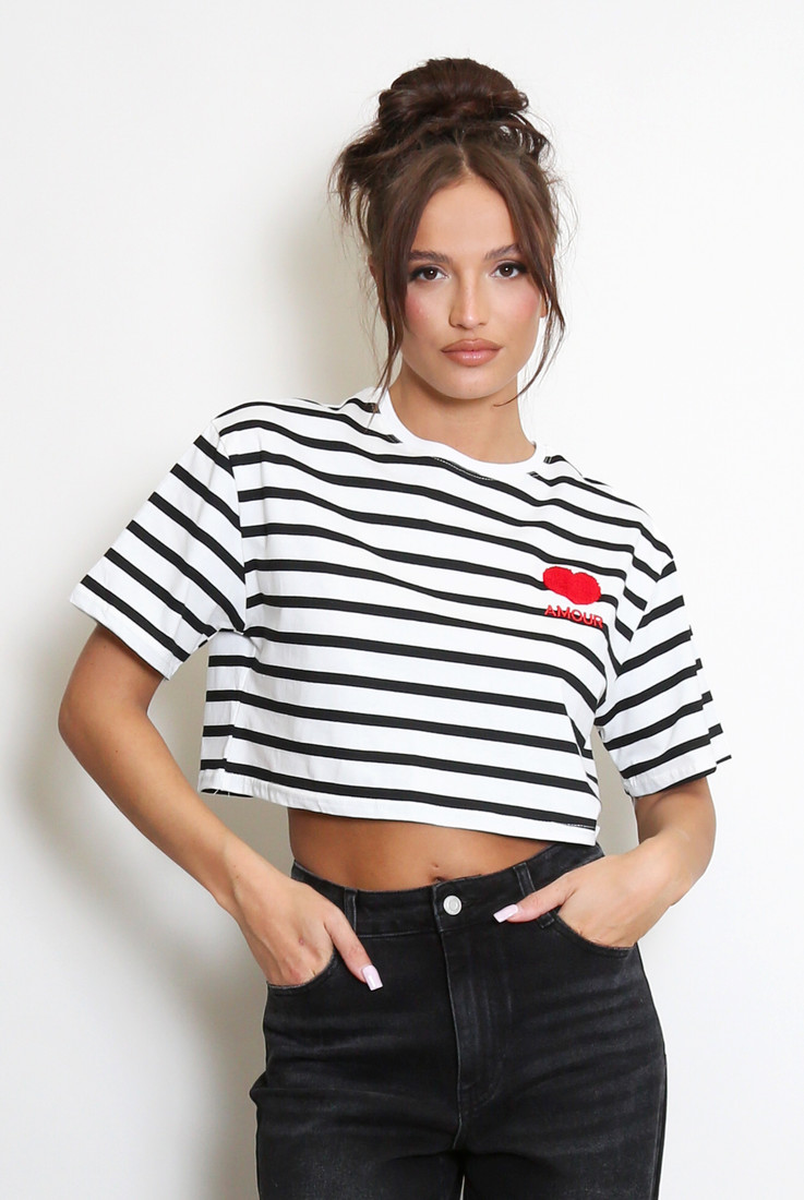 Amour Stripe Print Cropped T-Shirt
