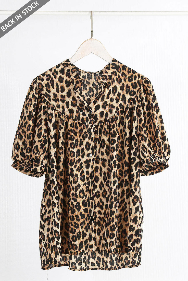 Leopard Print High Neck Short Sleeve Blouse