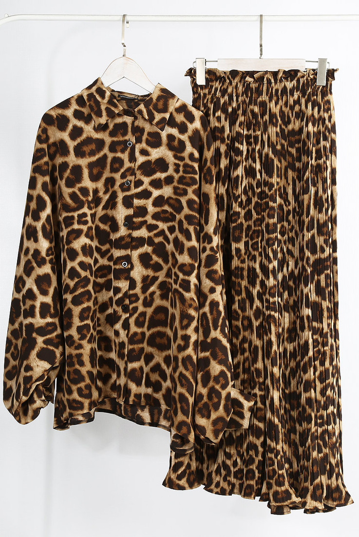 Leopard Print Long Sleeve Blouse And Wide Leg Trouser Set