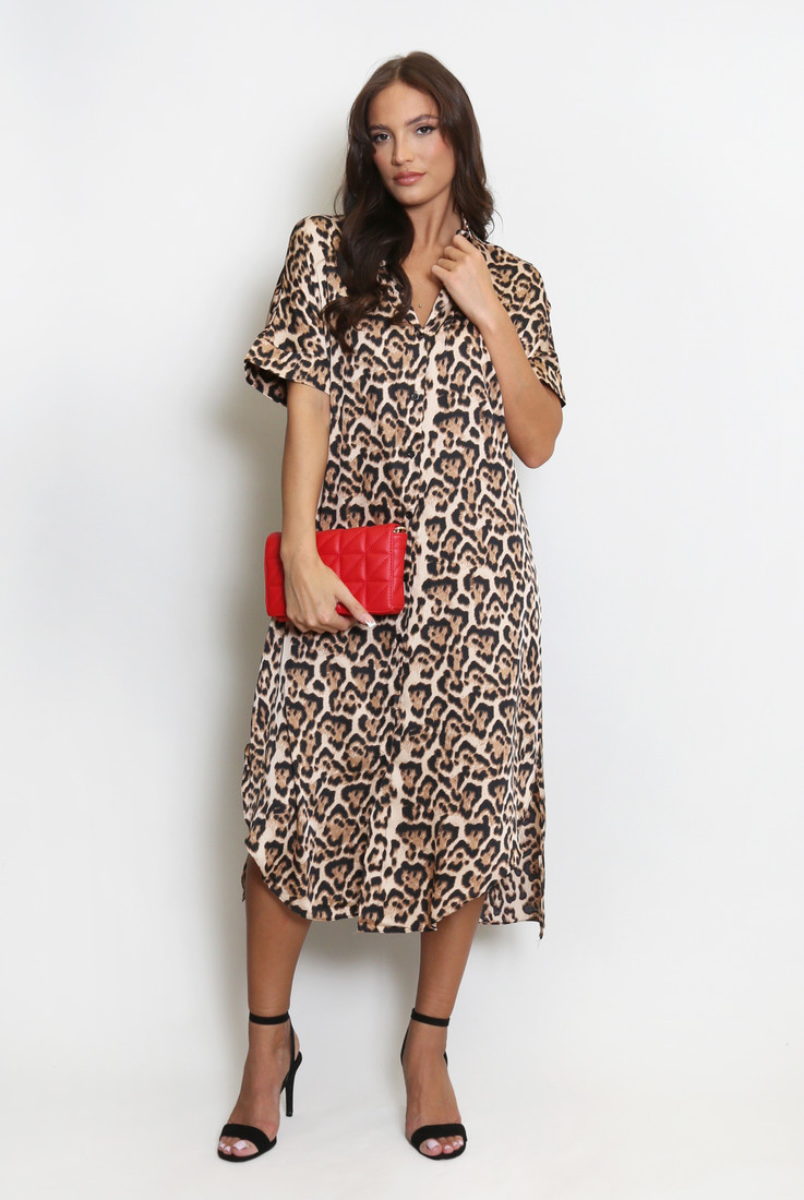 Leopard Print Short Sleeve Shirt Dress