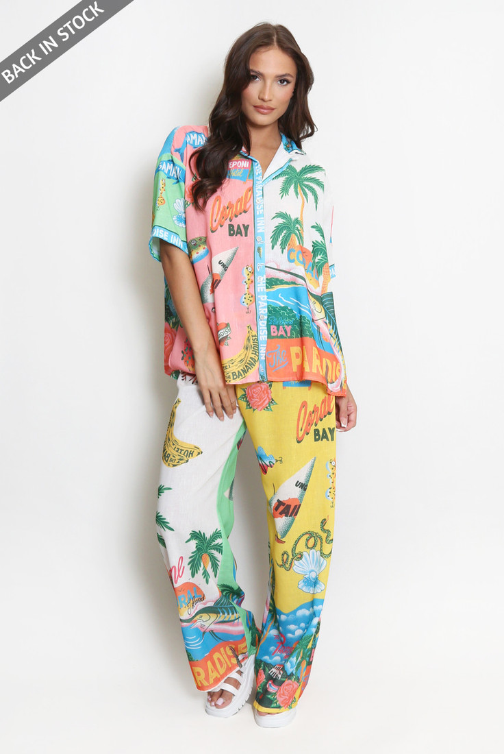 Beach Print Blouse And Wide Leg Trouser Set