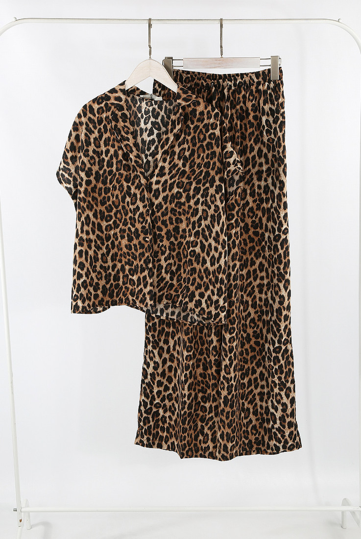 Leopard Print Short Sleeve Blouse And Wide leg Trouser Set