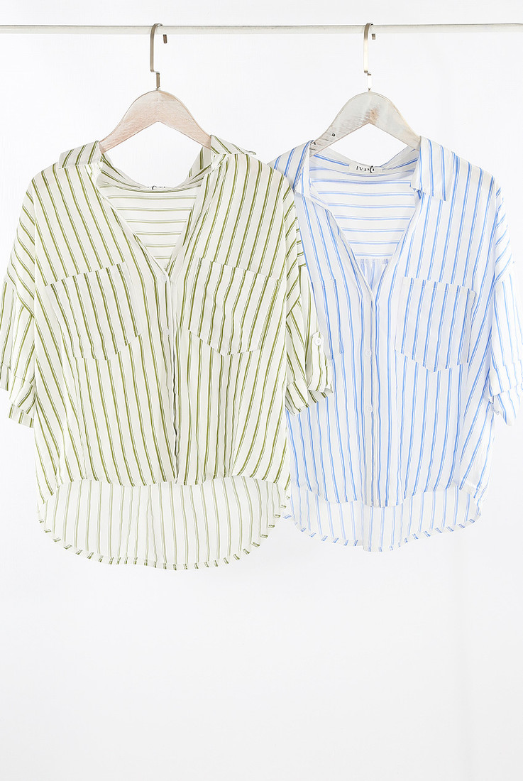 Striped Print Front Pocketed Blouse