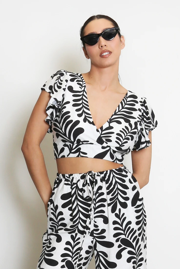 Leaf Print Open Back Frilled Blouse