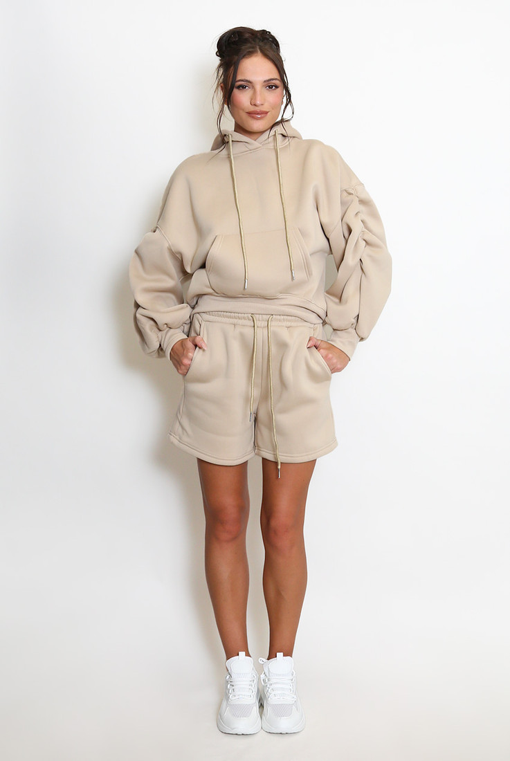 Ruched Sleeve Hoodie And Shorts Set