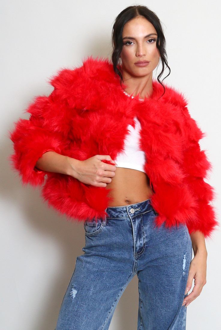 Red Cropped Soft Faux Fur Jacket