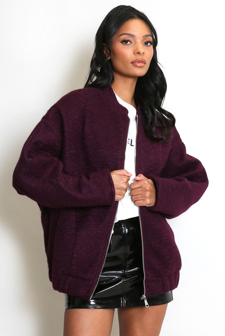 Wool Look Zip Up Bomber Jacket