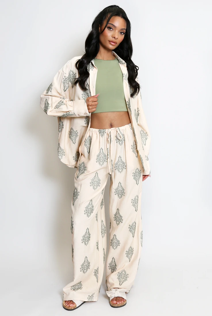 Paisley Print Shirt And Wide Leg Trouser Set