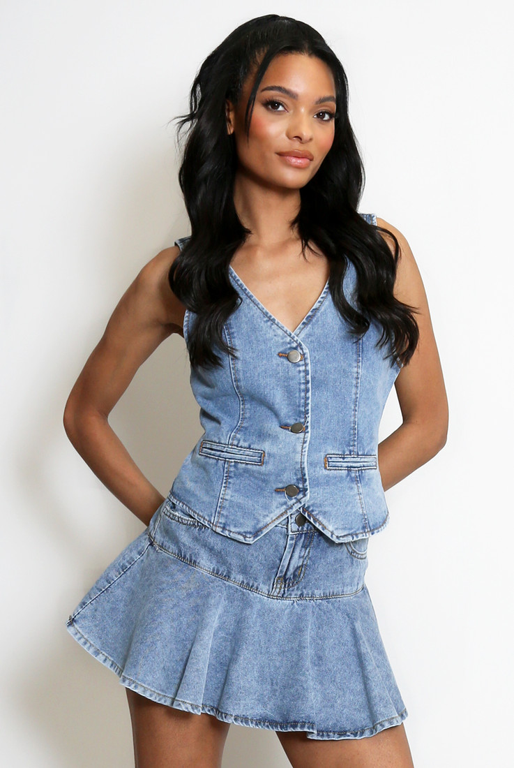 Women Black Denim Waistcoat Top