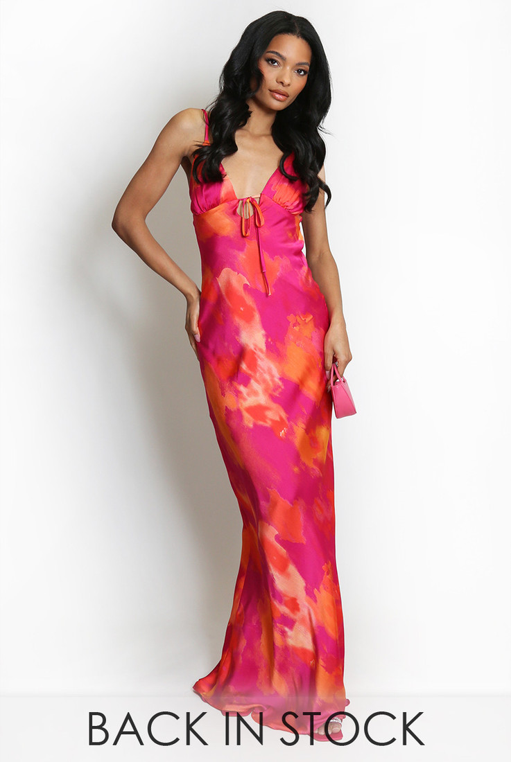 Watercolour Satin Cut Out Back Maxi Dress