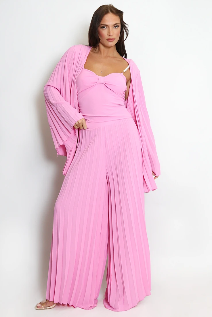 Pleated Three Pieces Set with Pearls Straps Top