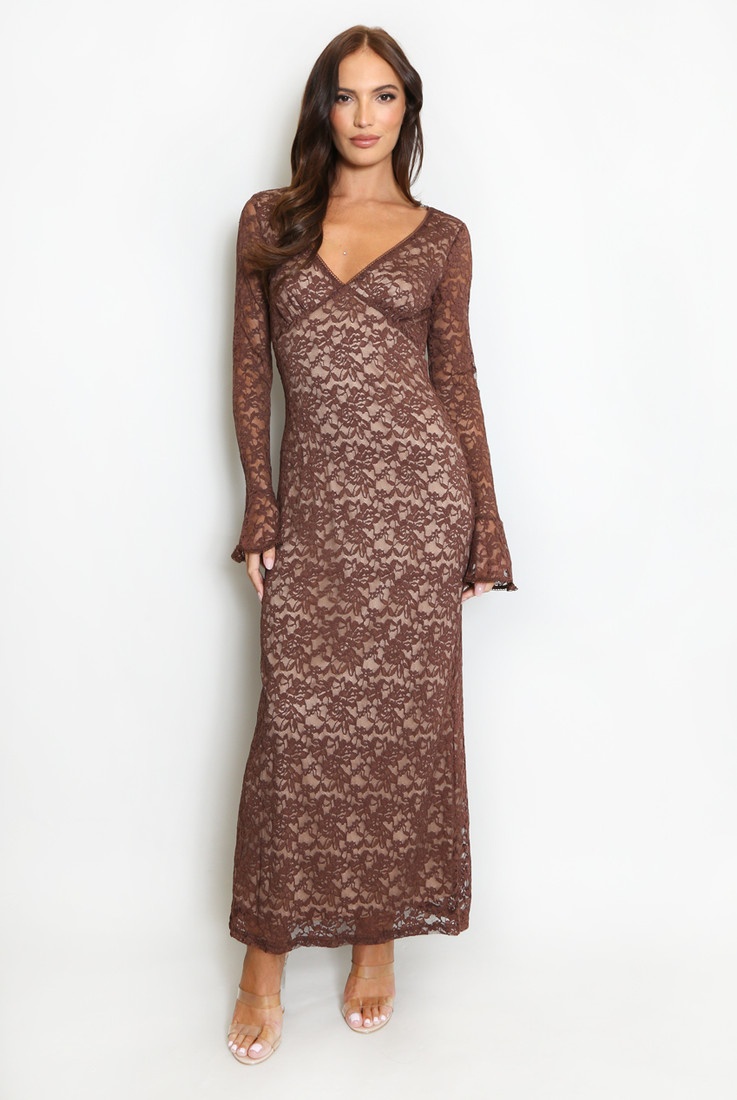 Floral Lace V Neck Maxi Dress 