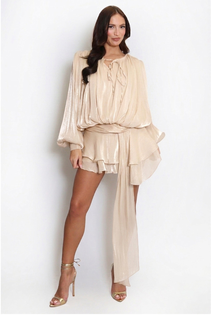 Organza Long Sleeve Side Sash Dress And Shorts Set