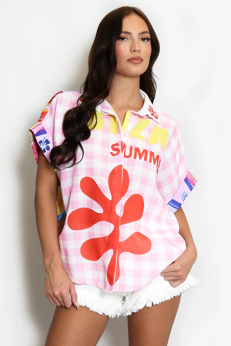 Printed Roll Sleeve Linen Look Shirt