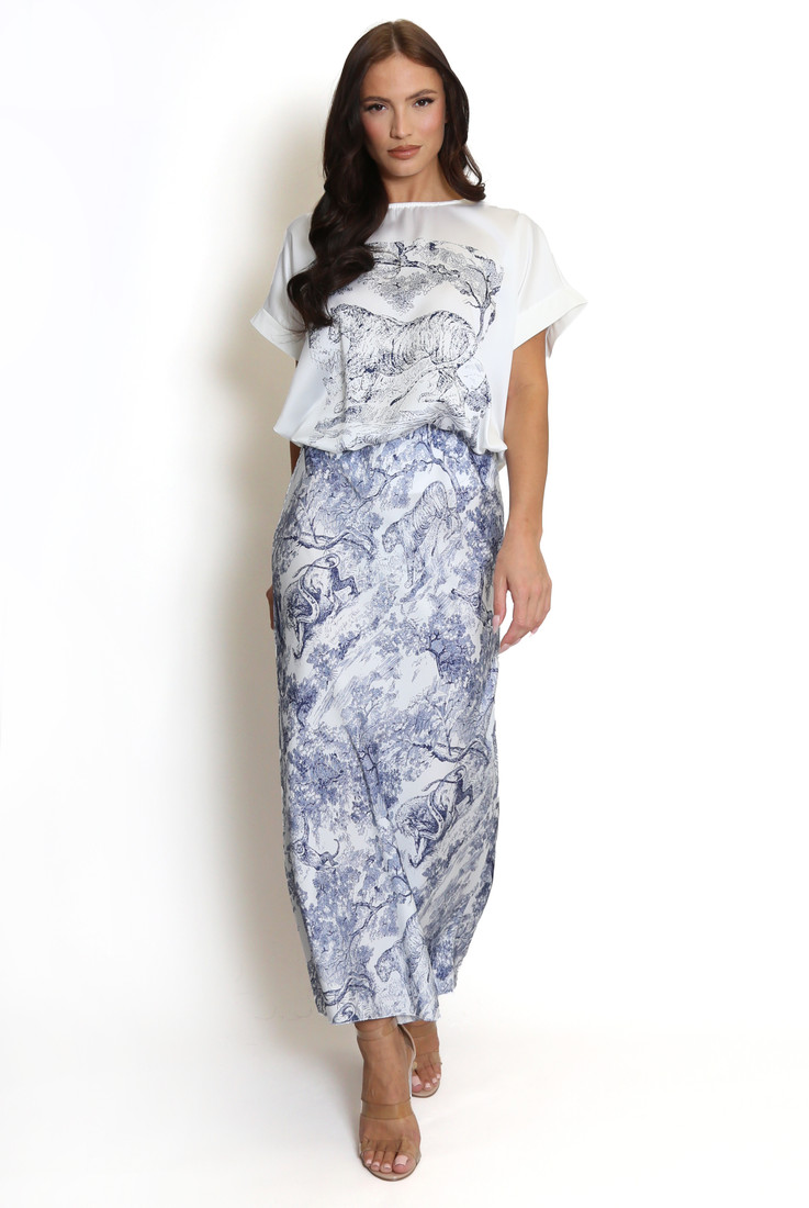 Printed T-Shirt And Satin A-Line Skirt Set