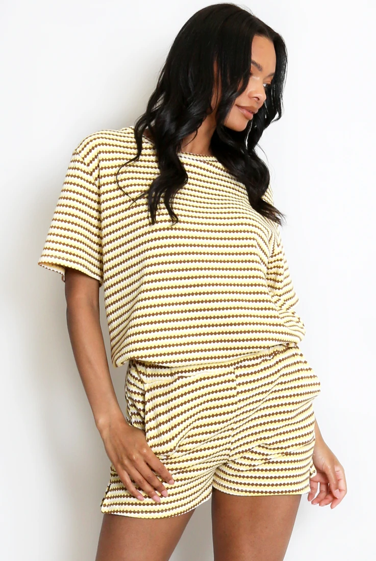 Striped Woven Short Sleeve Top And Trouser Set