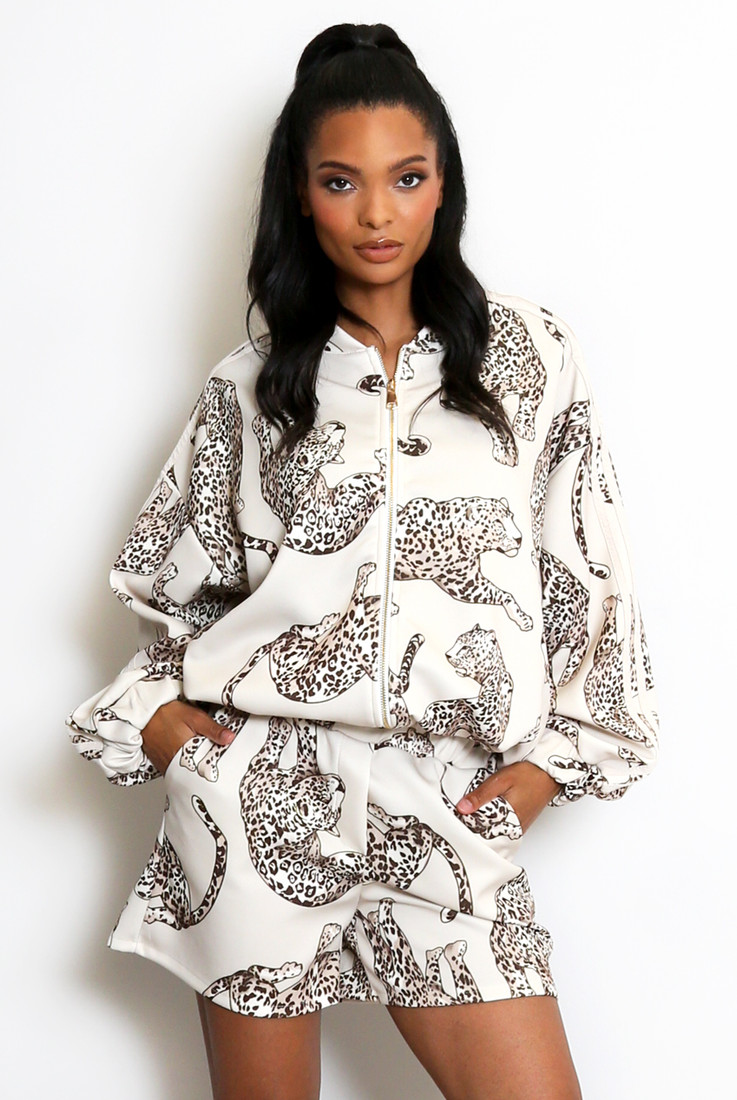 Leopard Print Bomber Jacket and Shorts Set