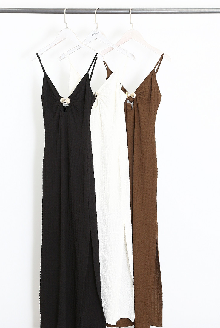 Shell Buckle Plunge Neck Maxi Dress