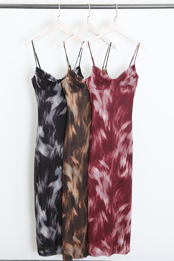 Abstract Print Mesh Midi Dress