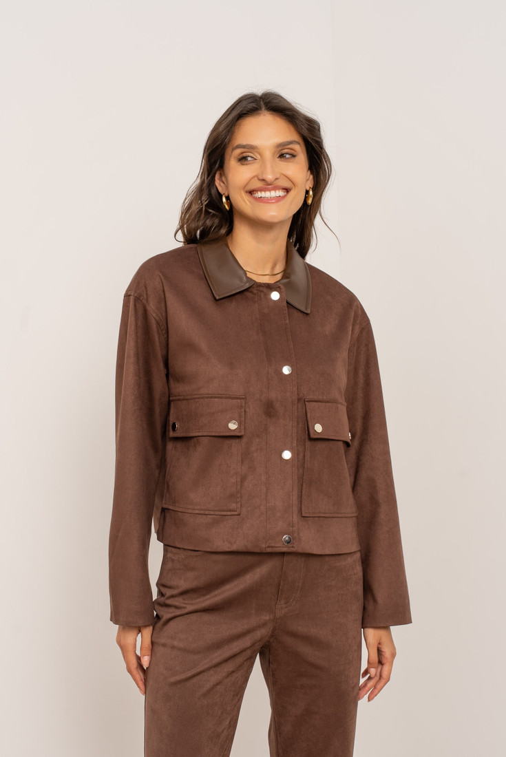 Faux Suede Jacket With PU Collar
