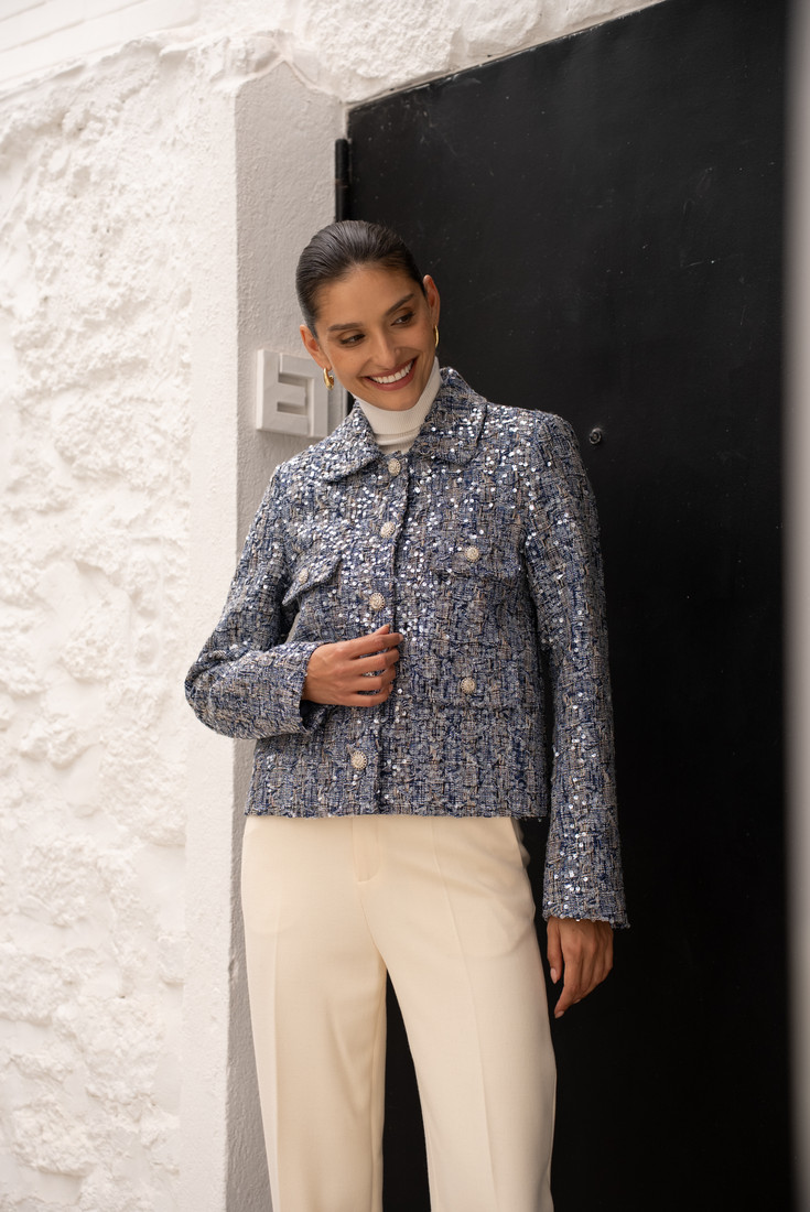 Navy Cross Hatch Sequin Blazer