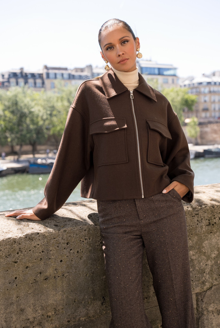Wool Patch Pockets Zipper Coat