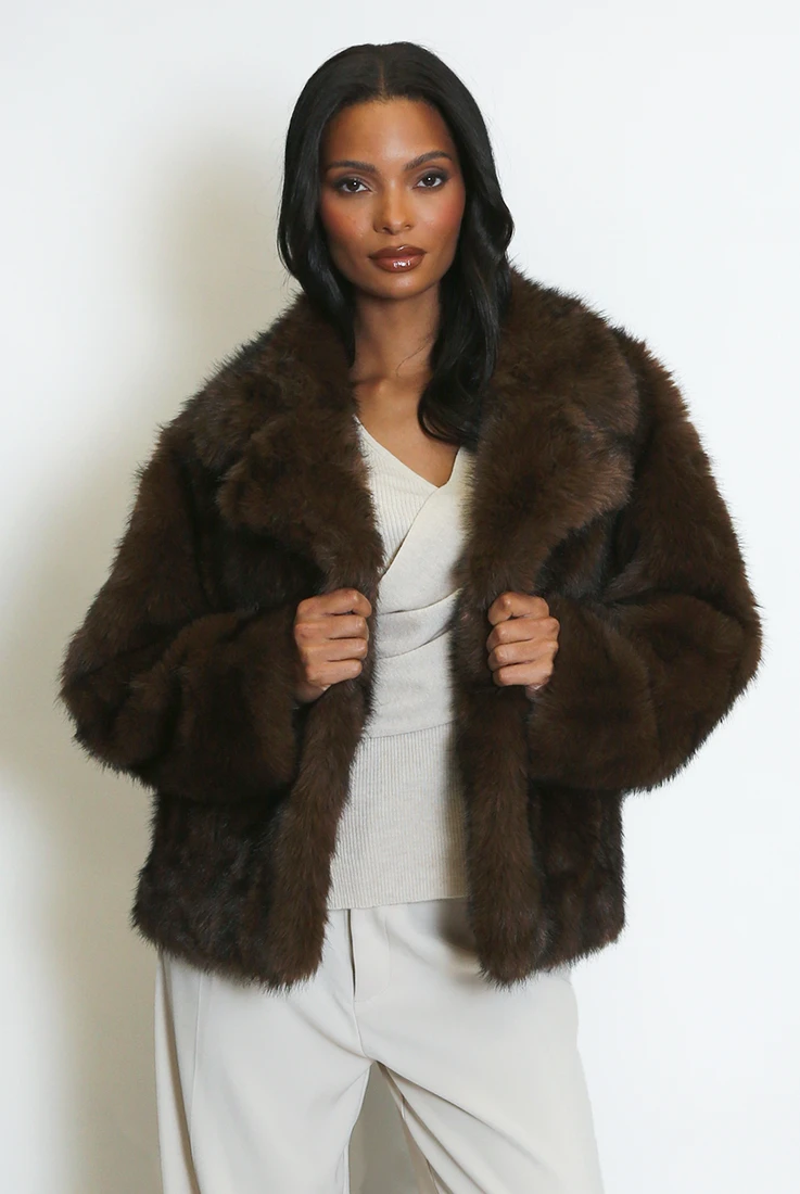 Natural Chunky Lapel Faux Fur Jacket 