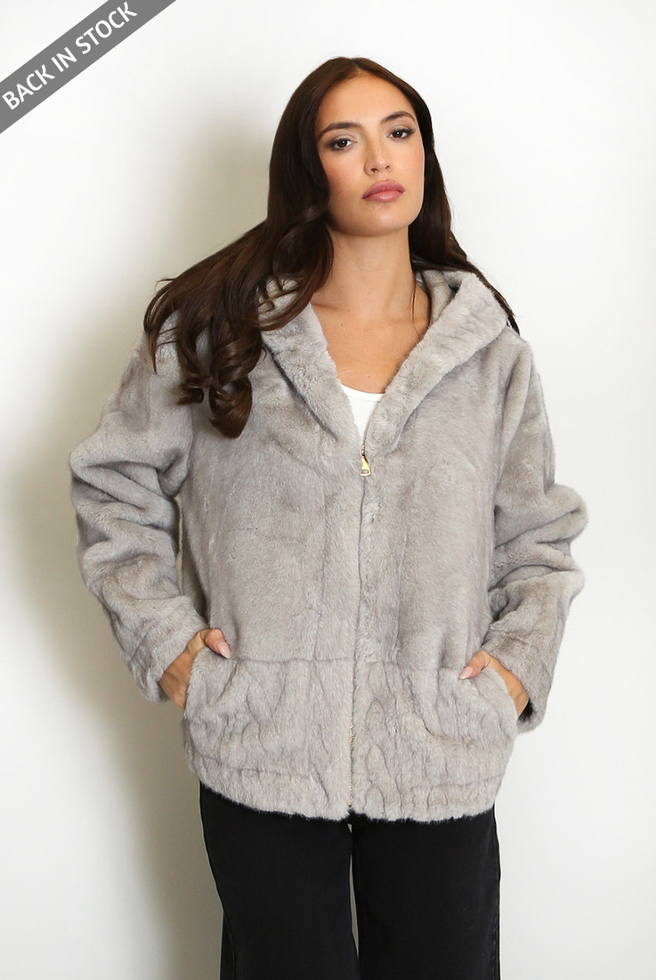 Faux Fur Hooded Jacket With Cable Look Hem Faux Fur Hooded Jacket With Cable Look Hem
