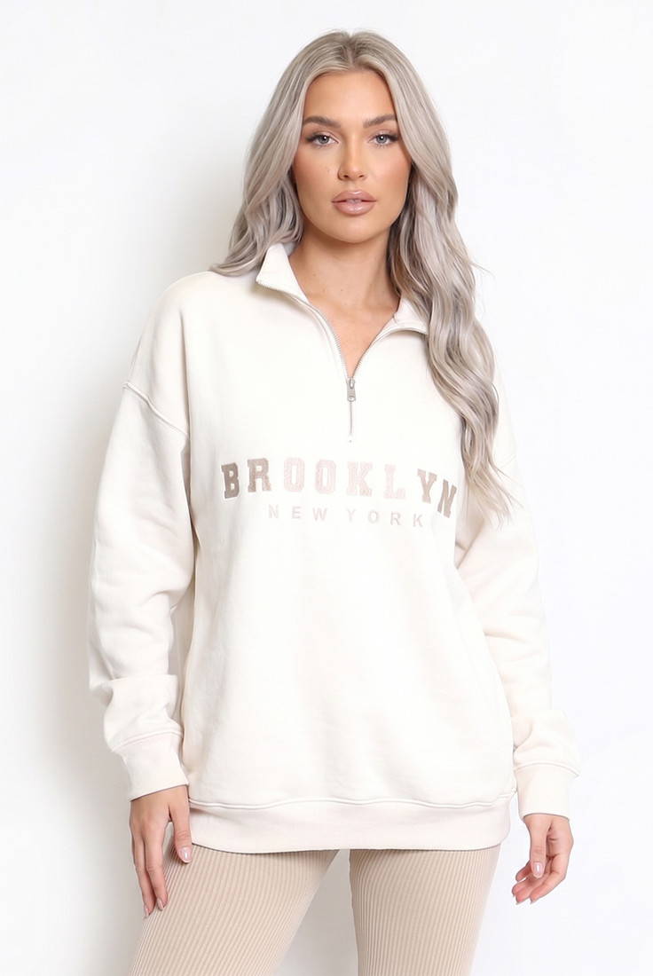 Brooklyn Slogan Half Zip Relaxed Sweatshirt 