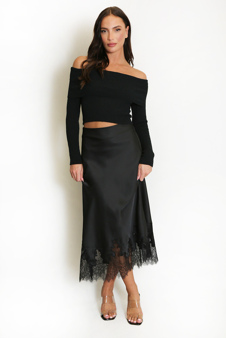 Satin Lace Hem Midi Skirt Satin Lace Hem Midi Skirt