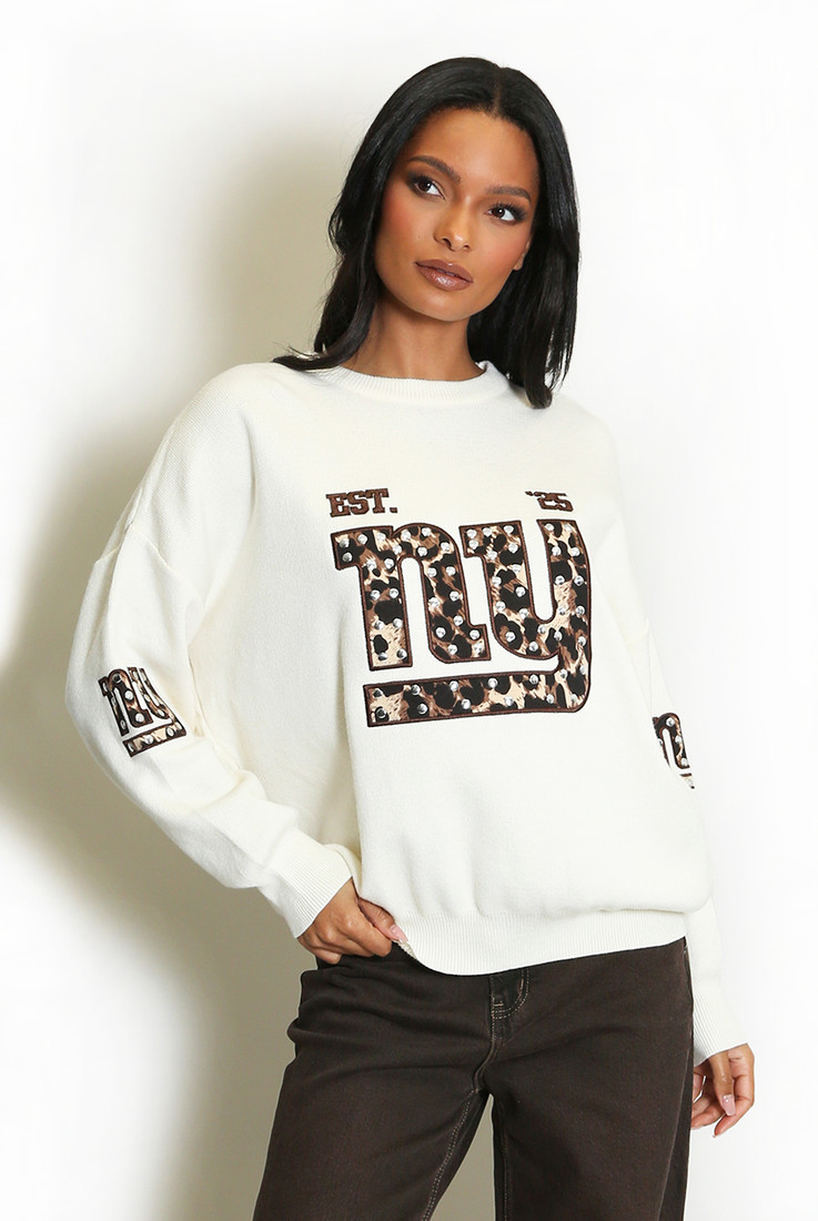 Cream Studded NY Slogan Wool Jumper