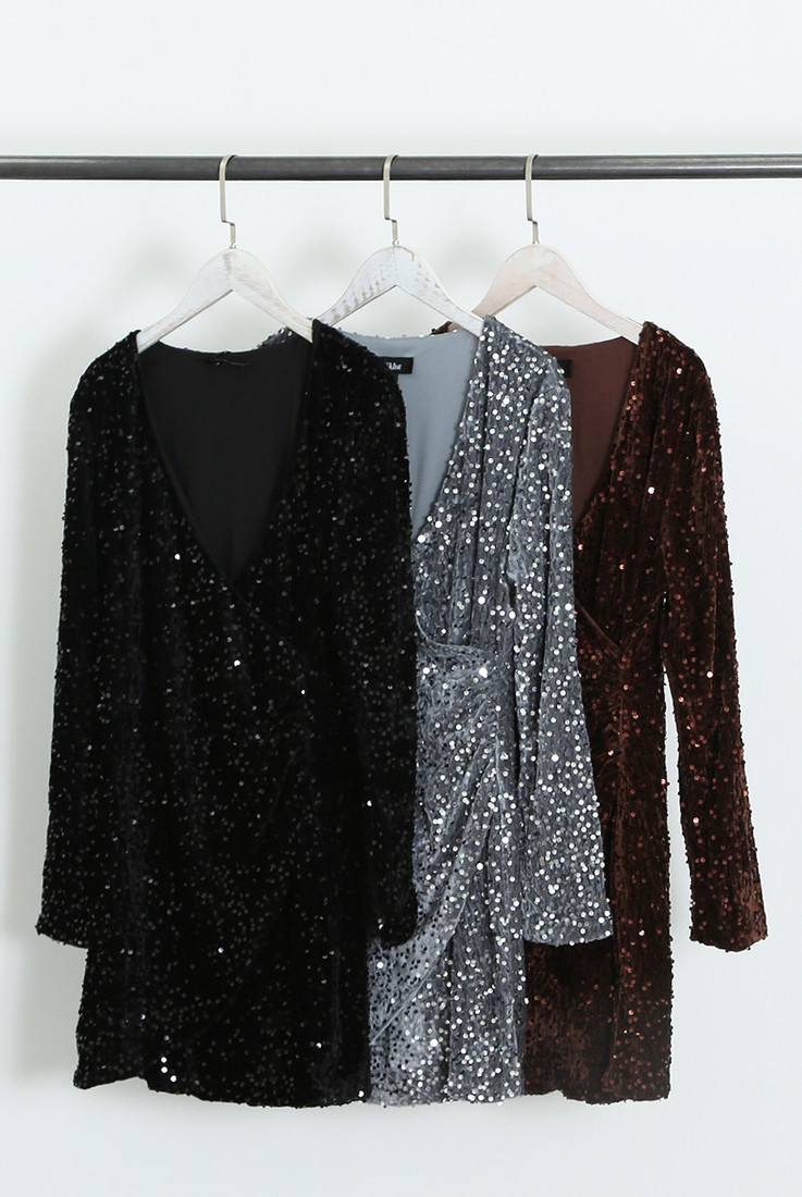 Long Sleeve Sequin Wrap Look Dress