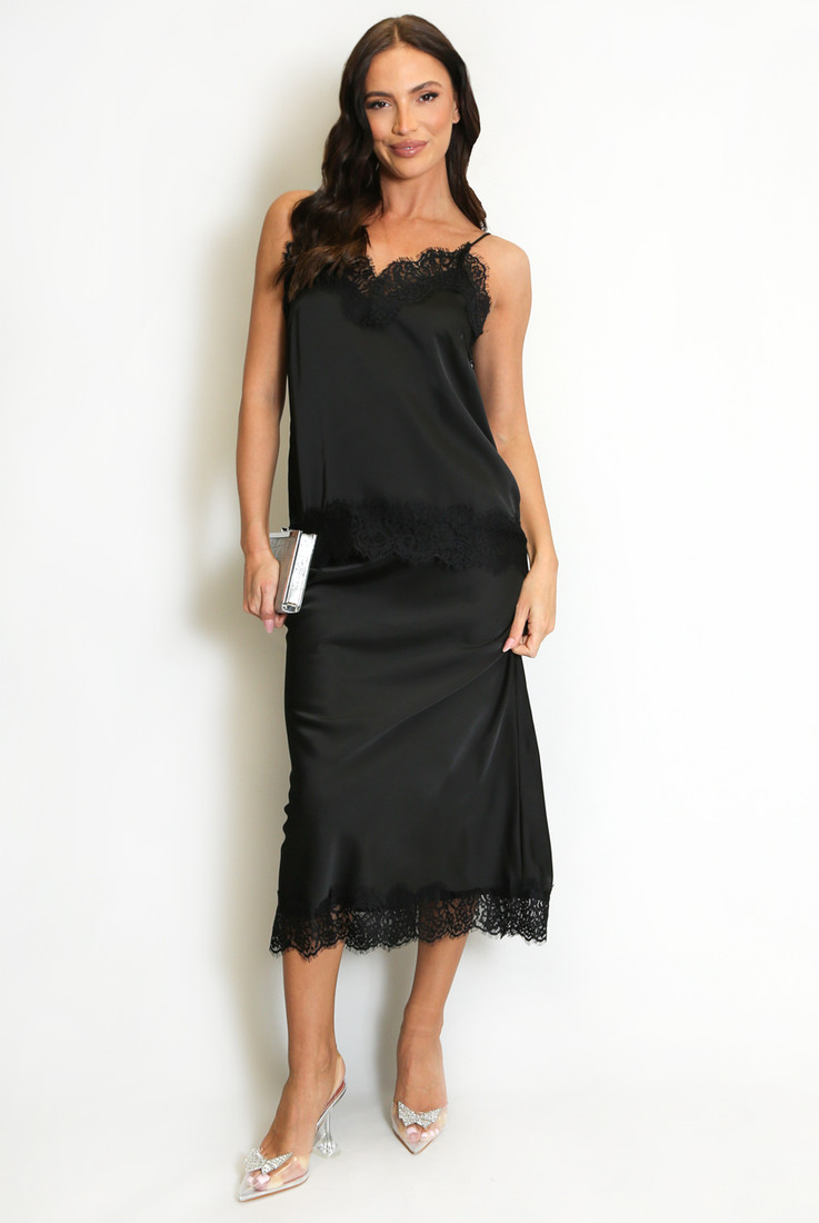 Lace Hem Cami And Satin Skirt Set