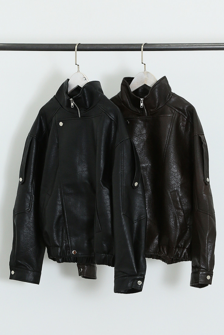 Faux Leather Zip Up Bomber Jacket