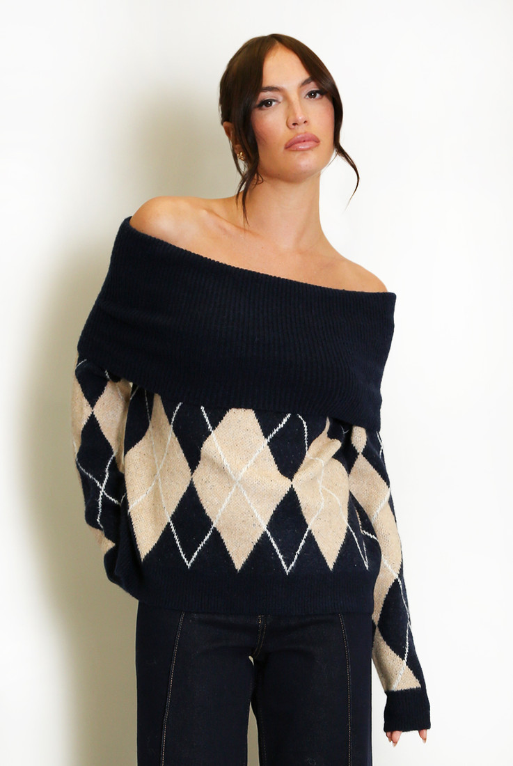Argyle Wool Blend Off Shoulder Jumper
